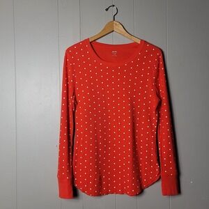 OLD NAVY WAFFLE KNIT ORANGE POLKA DOT PRINT THERMAL LONG SLEEVE WOMENS LARGE